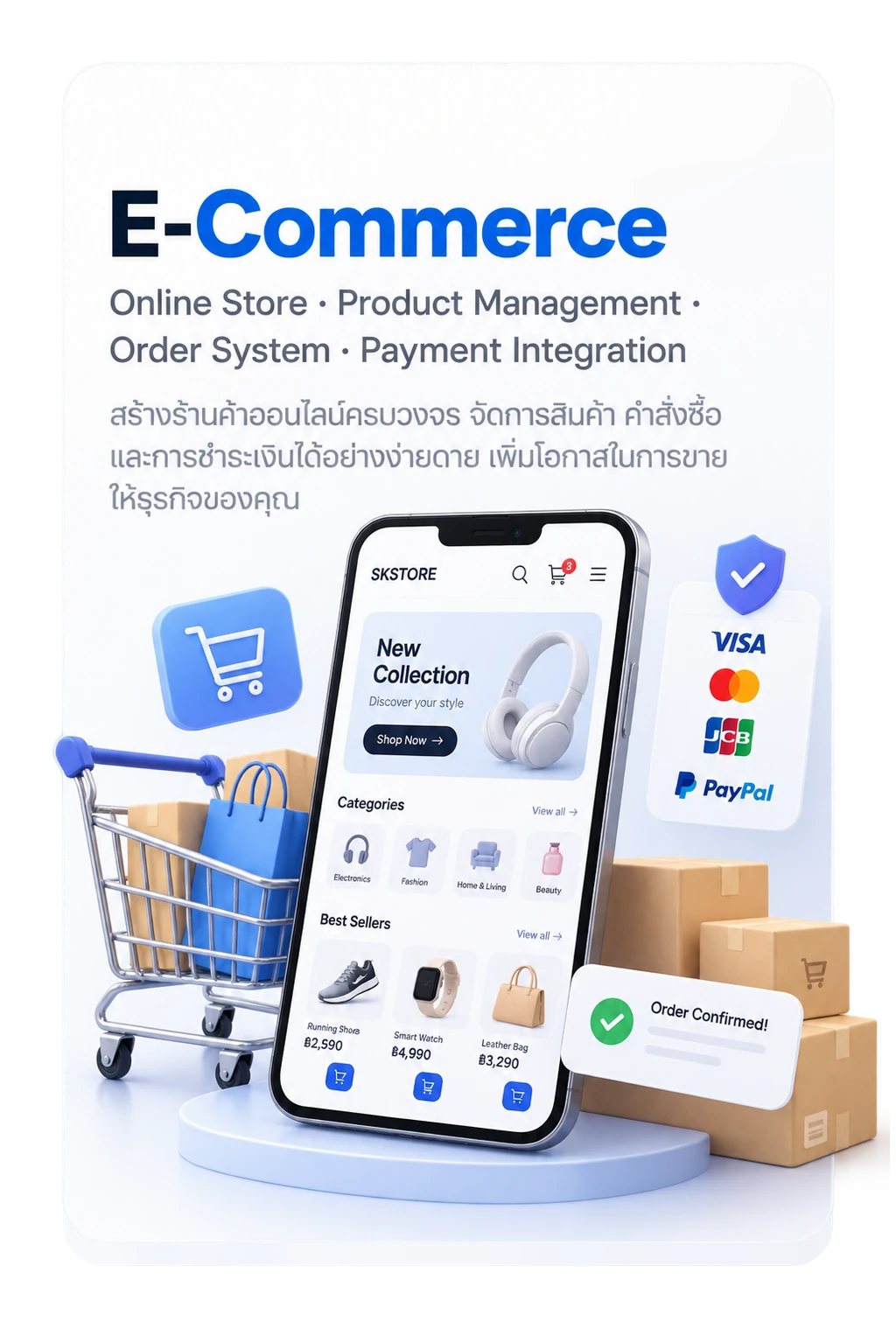 E-Commerce: Online Store, Product Management, Order System, Payment Integration — สร้างร้านค้าออนไลน์ครบวงจร จัดการสินค้า คำสั่งซื้อ และการชำระเงินได้อย่างง่ายดาย เพิ่มโอกาสในการขายให้ธุรกิจของคุณ